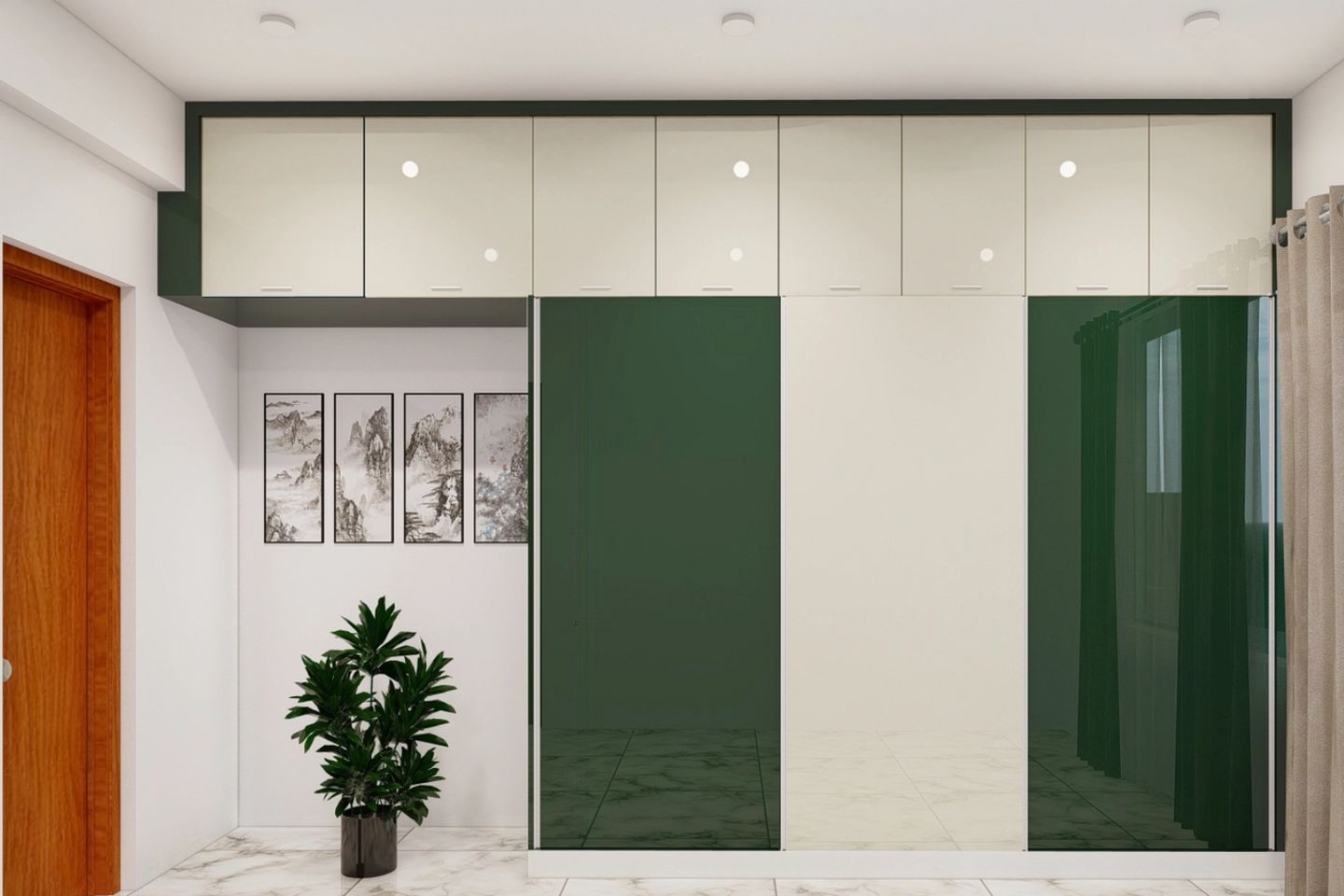 Green and White Sliding Door Modern Wardrobe Design with Loft | Livspace