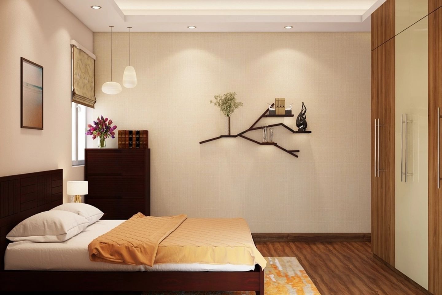 Spacious Beige And Brown Master Bedroom Design With Wallpaper