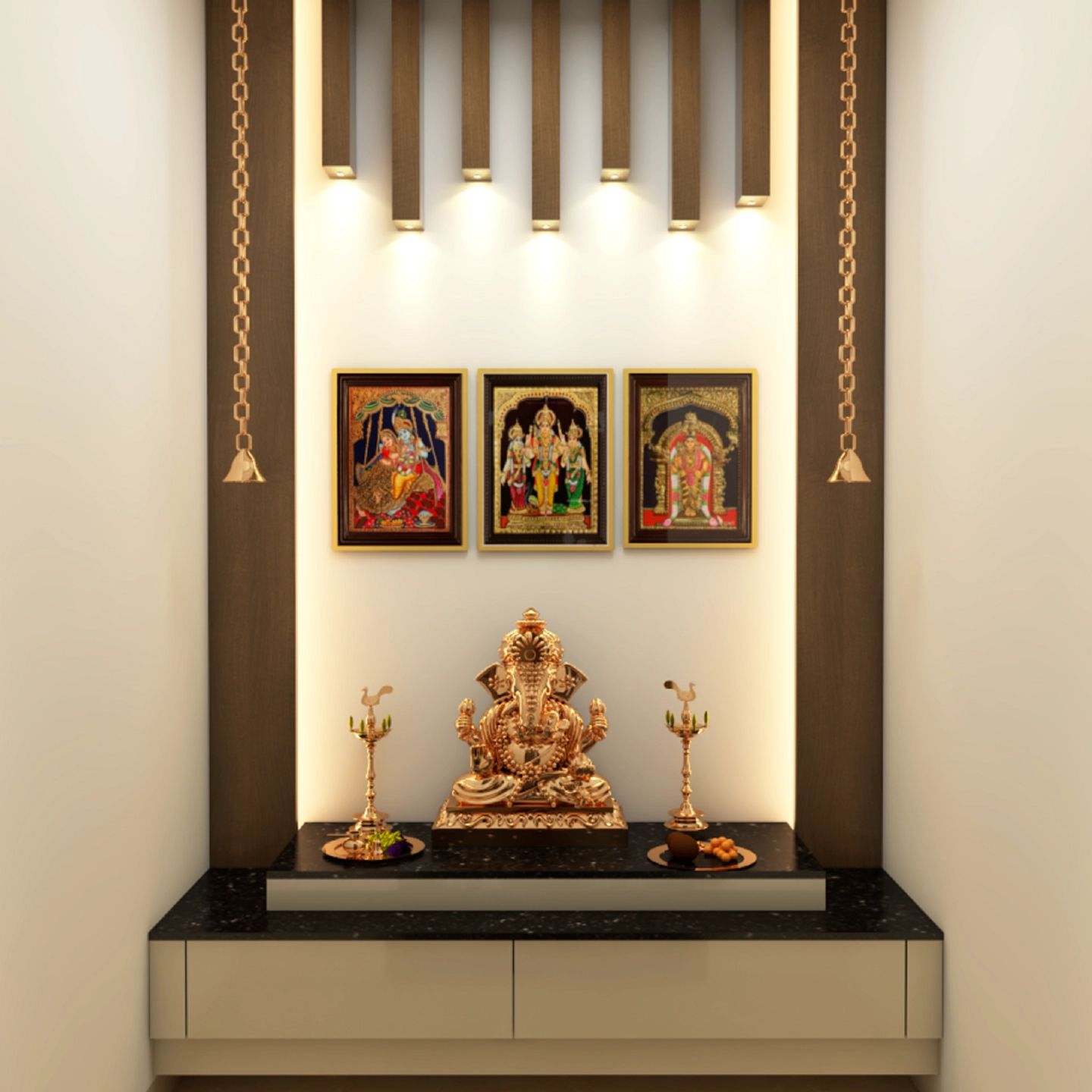Wooden Traditional Spacious Pooja Room Design with Drawers - Livspace