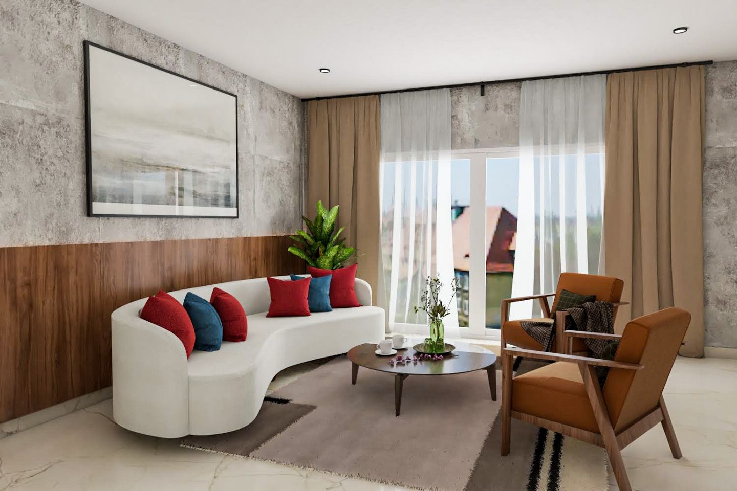 Living Room Design With Dual-Toned Grey And Wood Accent Wall - Livspace