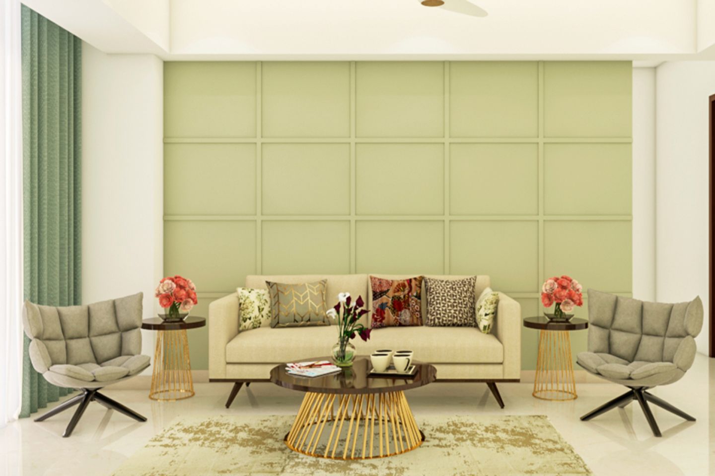 Green Living Room Wall Design With Wall Trims - Livspace