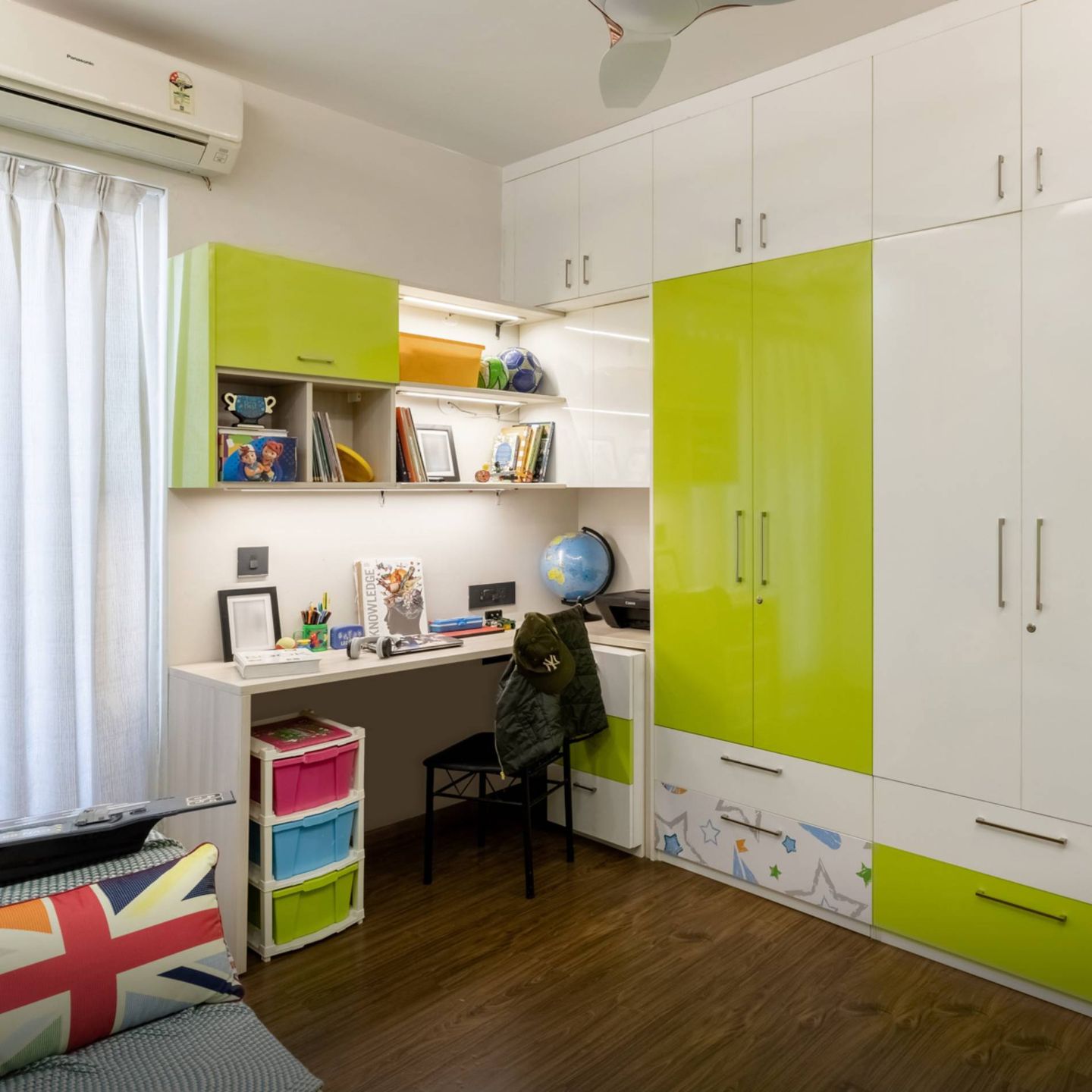Lime And White Study Room Design With Wardrobe - Livspace