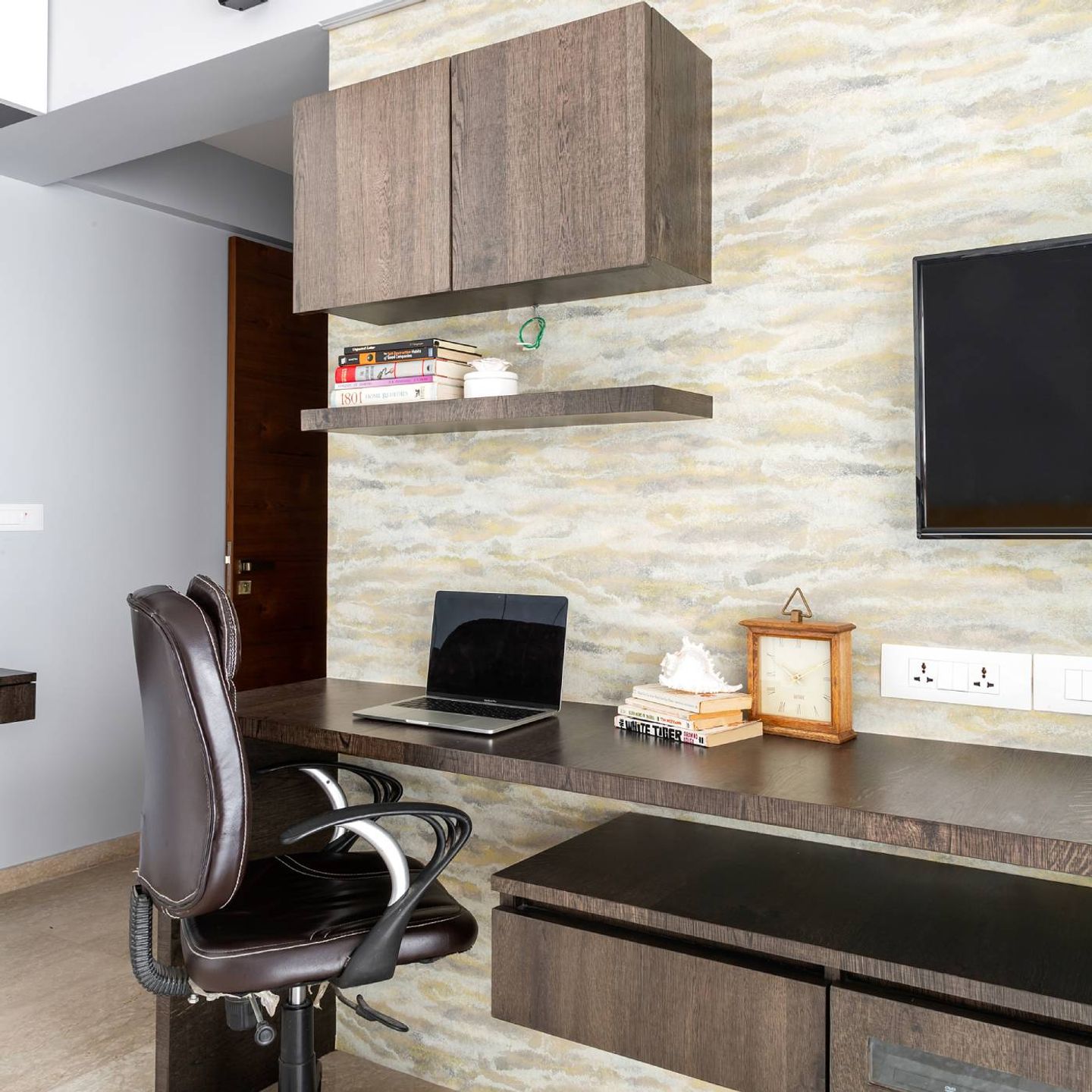 Wooden Laminate Study Room Design With TV Unit - Livspace