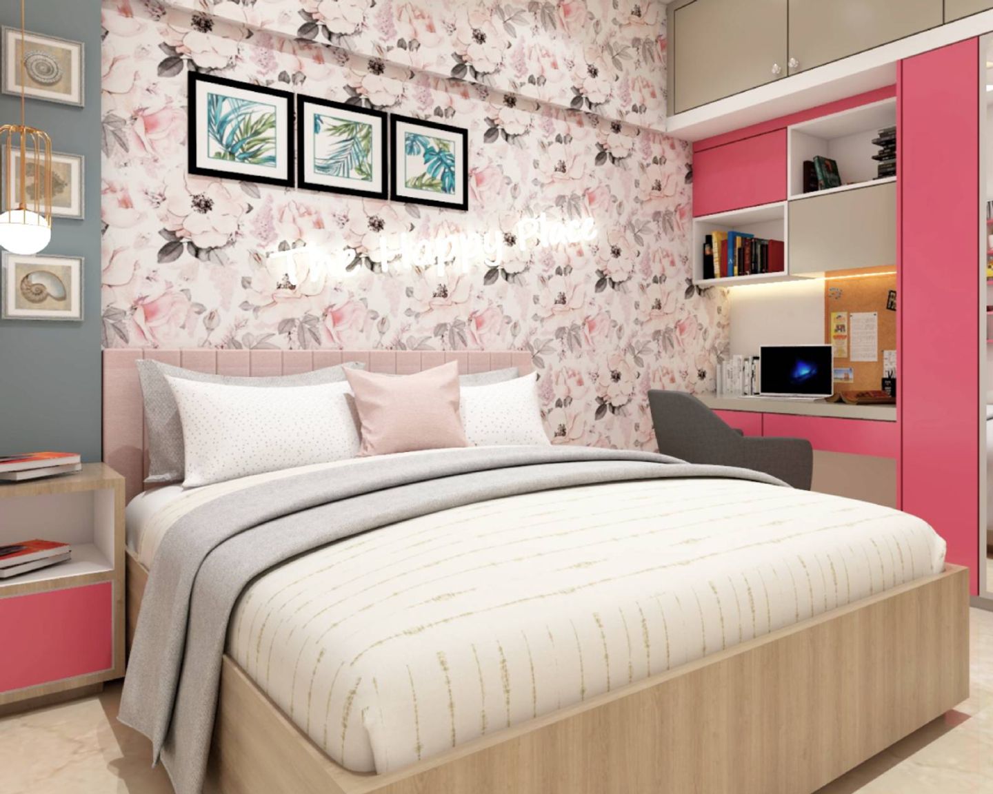 11x10 Ft Girls Room Design With Floral Wallpaper - Livspace