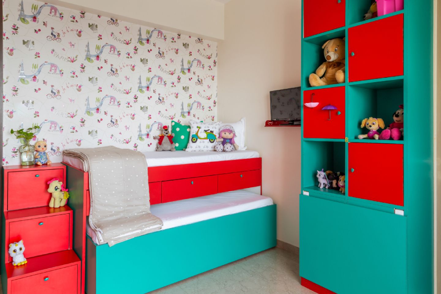 10x10 Ft Kids Room Design For Girls With Teal And Red Storage Units - Livspace