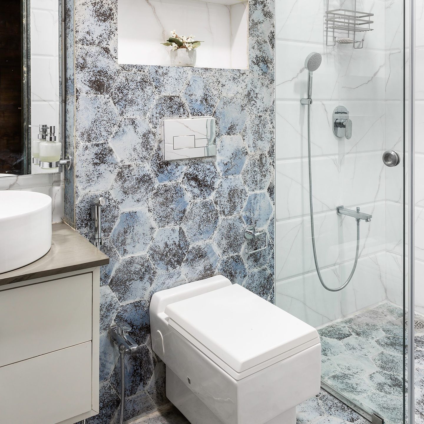 White And Blue Wall And Floor Tile Design For Bathrooms - Livspace