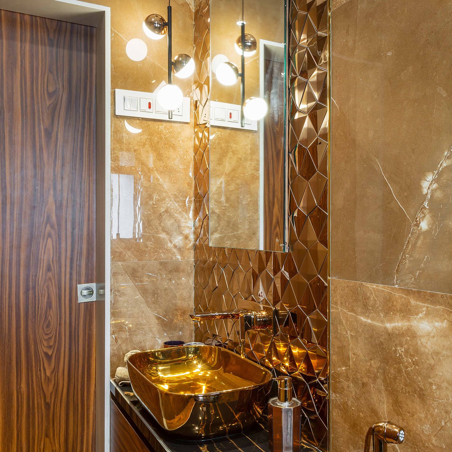 Brown Bathroom Tile Design With Wooden Details - Livspace