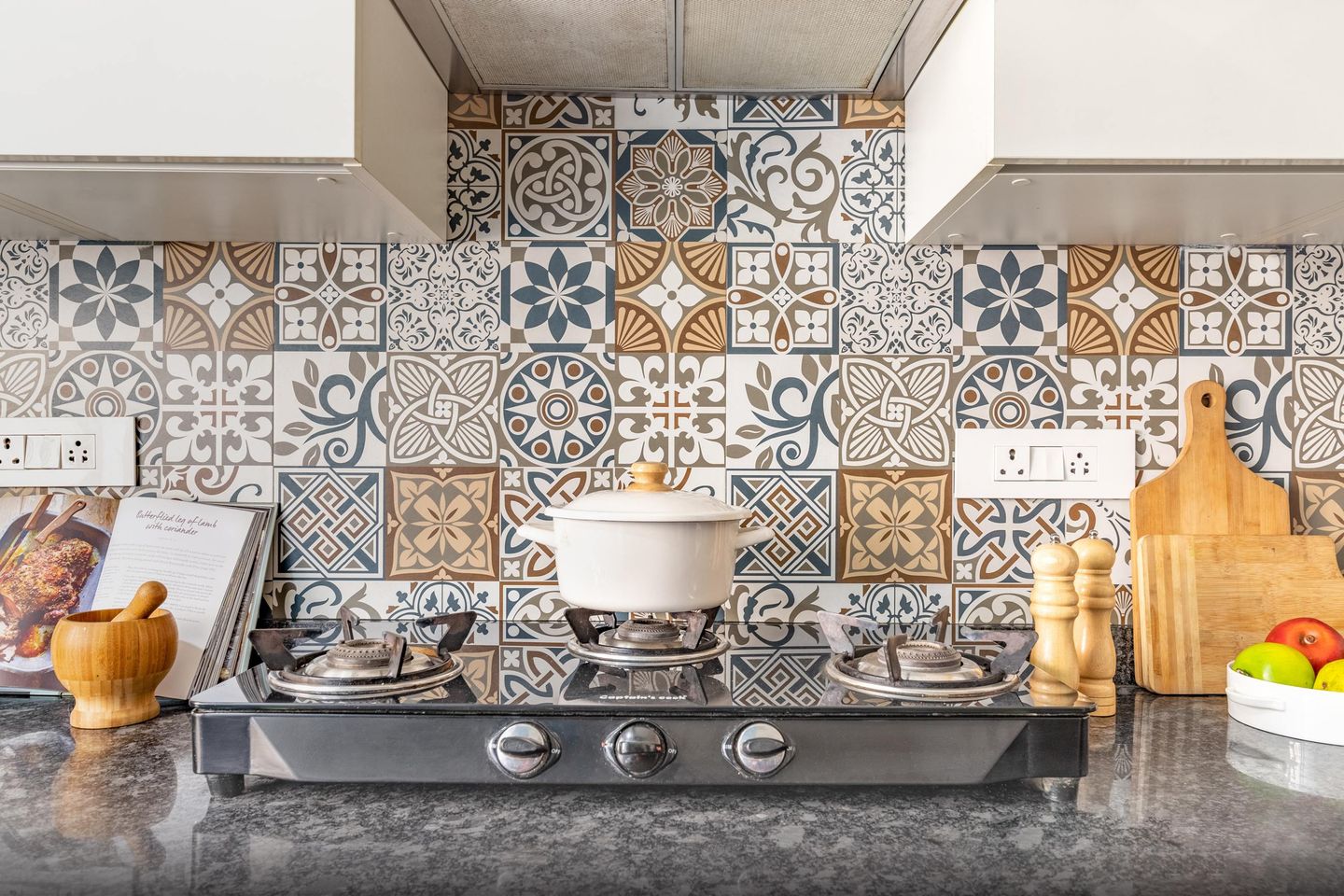 Compact Blue And Brown Kitchen Tile Design | Livspace