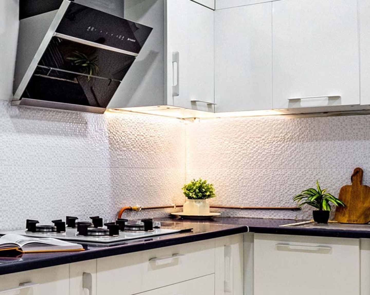 White Textured Kitchen Tile Design - Livspace
