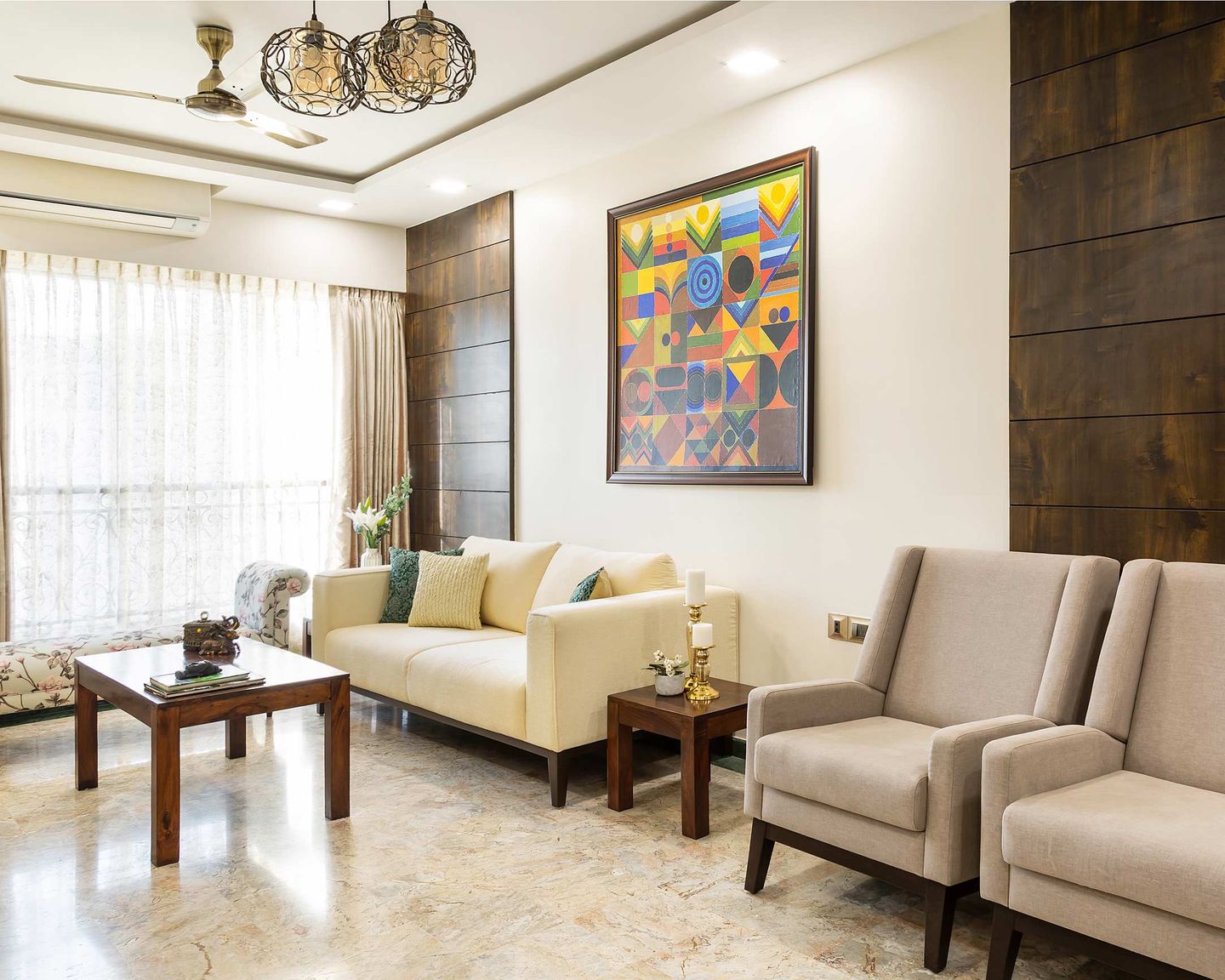 Elegant Neutral-Toned Living Room Tile Design | Livspace
