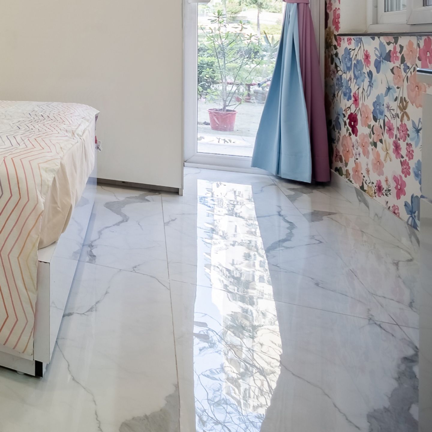 Glossy White Marble Bedroom Tiles - Livspace
