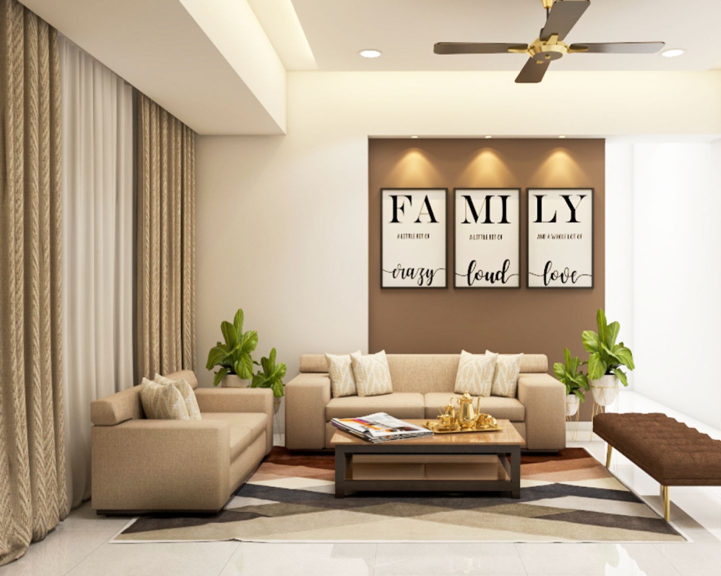 White And Brown Living Room Wall Design - Livspace