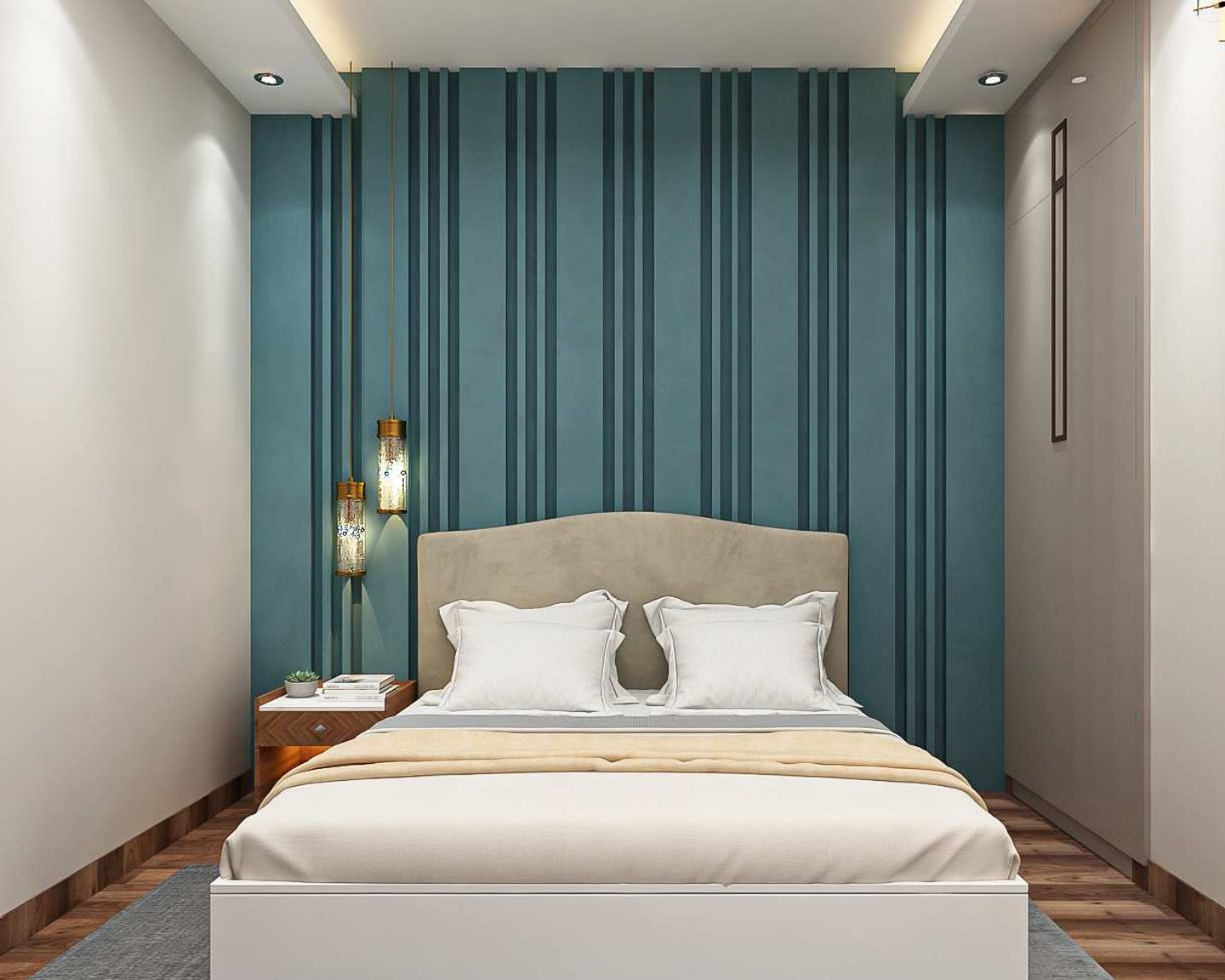 Modern Bedroom Wall Design With Blue Panelled Wall