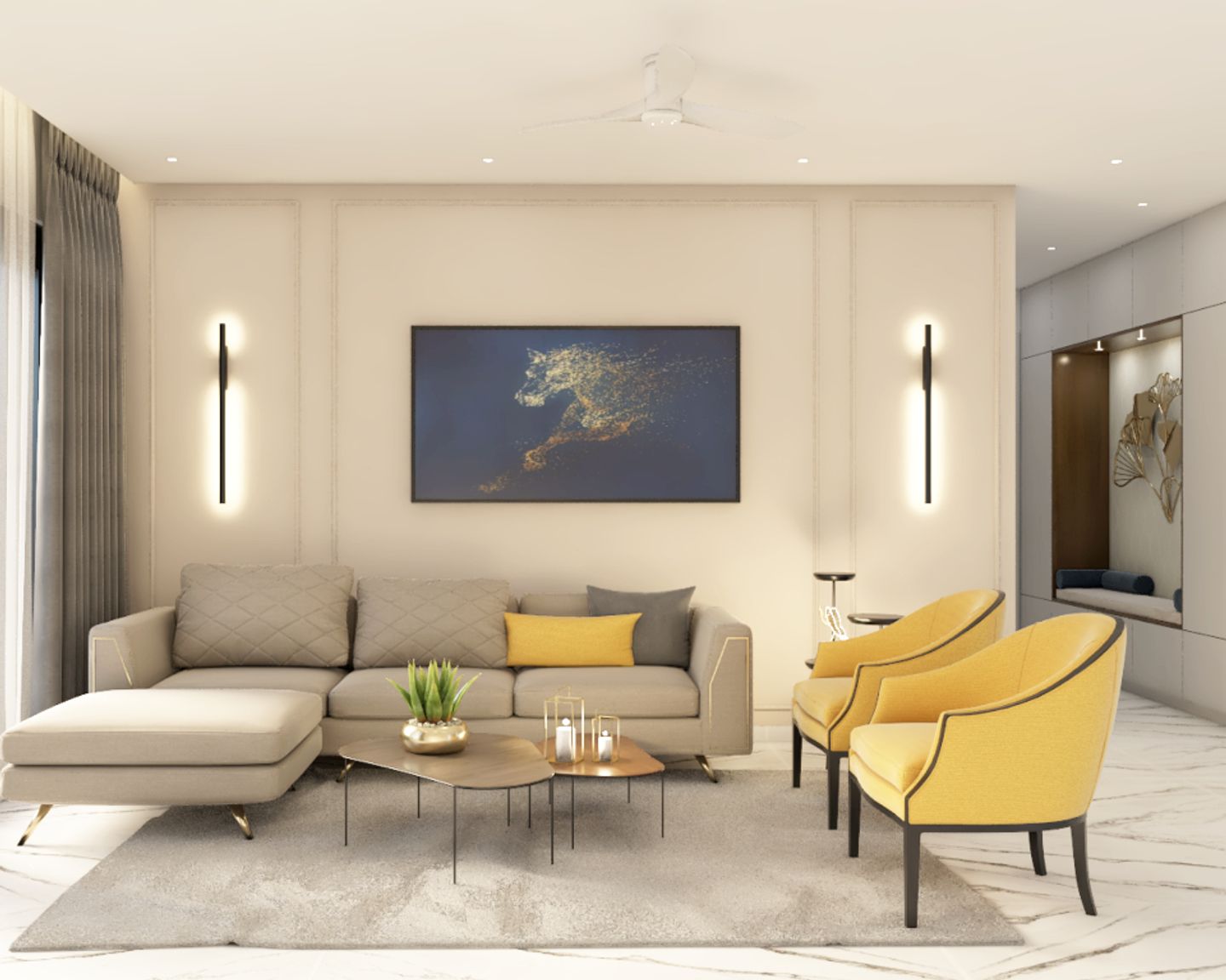Clean White Living Room Wall Design - Livspace