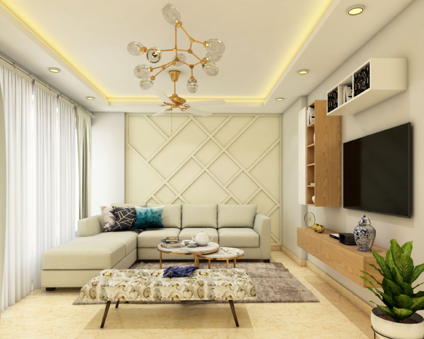 Cream-Coloured Living Room Wall Design - Livspace
