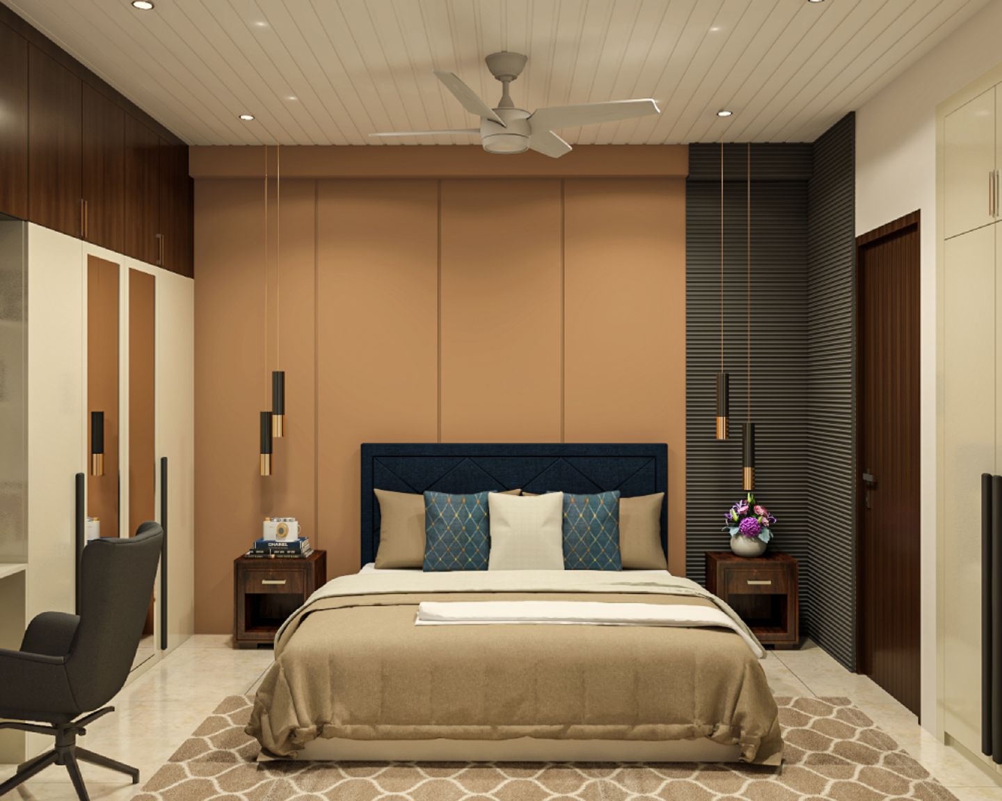 Bedroom Wall Design With Beige Panels - Livspace