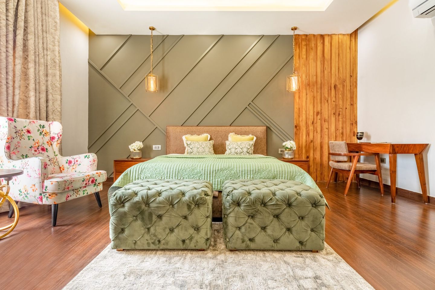 Bedroom Wall Design With Green Panels And Wood Planks - Livspace