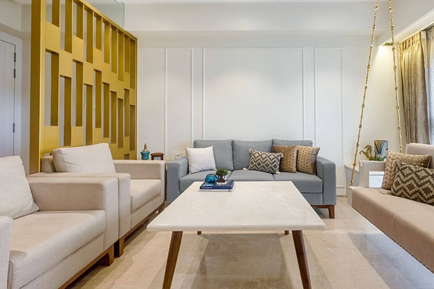 White Living Room Wall Design With Wall Trims And Paint Livspace