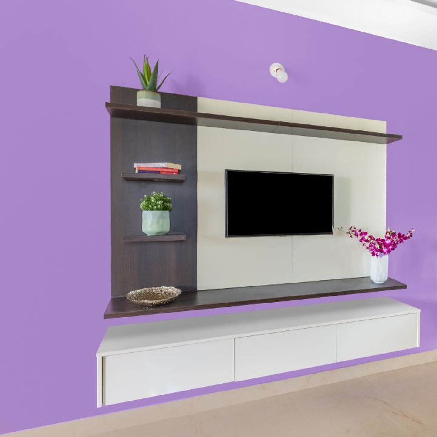 Contemporary Lilac And White Wall Colour Combination For Living Rooms