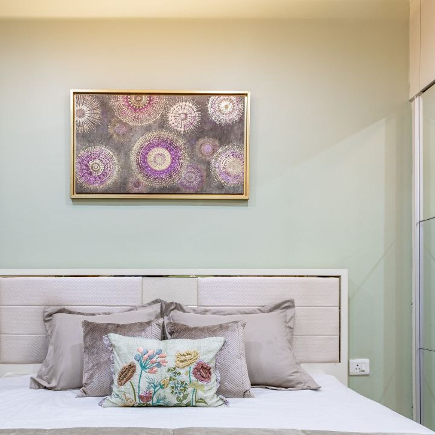 Pastel Green Bedroom Wall Paint With Framed Art - Livspace