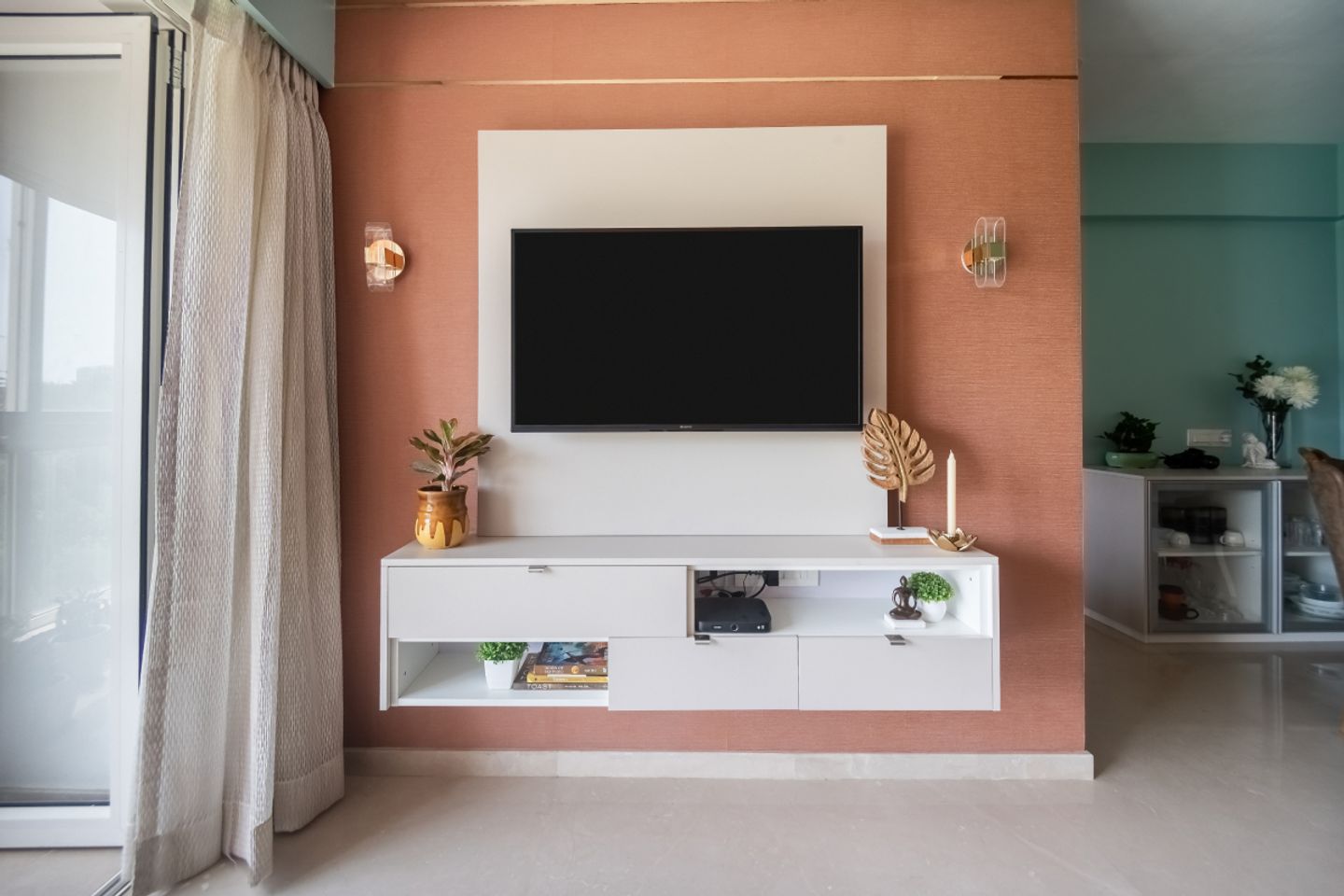 Textured Orange Living Room Wallpaper - Livspace