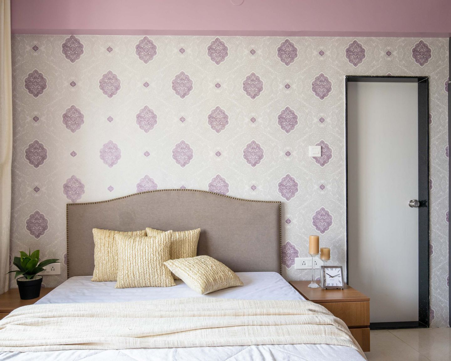 White And Lilac Bedroom Wallpaper Design | Livspace