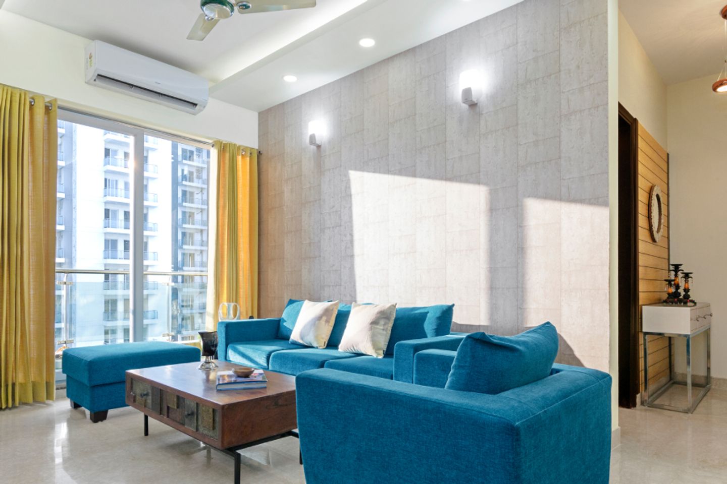 Exposed Concrete Wallpaper Design For Living Rooms - Livspace