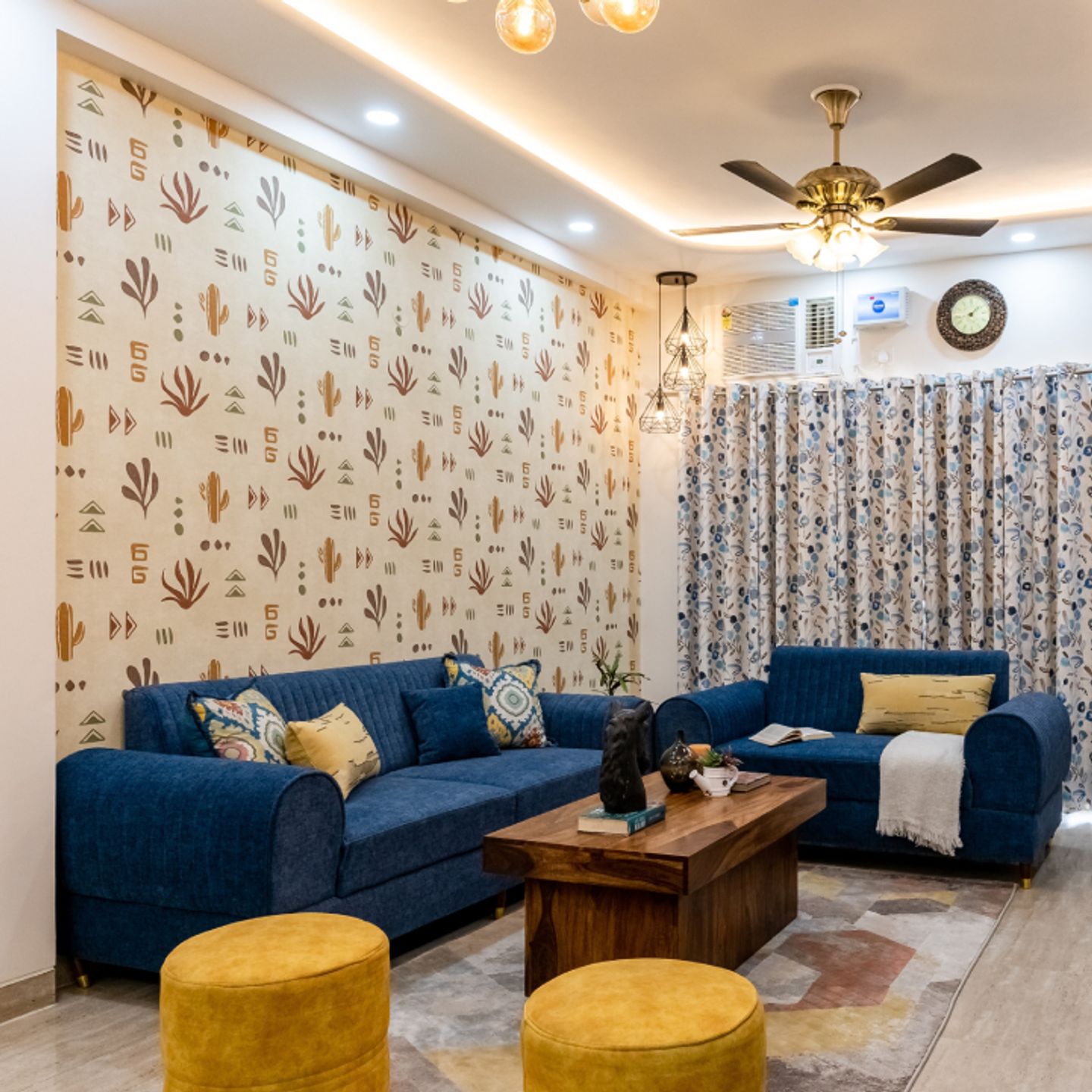 Beige Wallpaper Design For Compact Living Rooms - Livspace