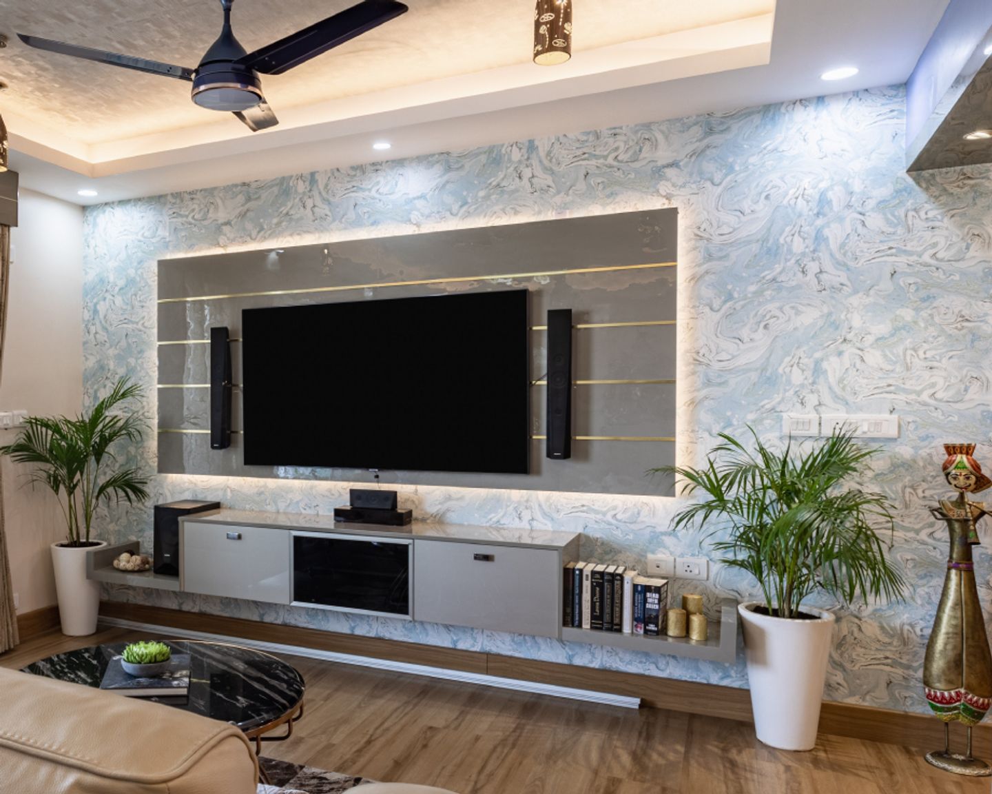Blue And White Marble Finish Living Room Wallpaper - Livspace