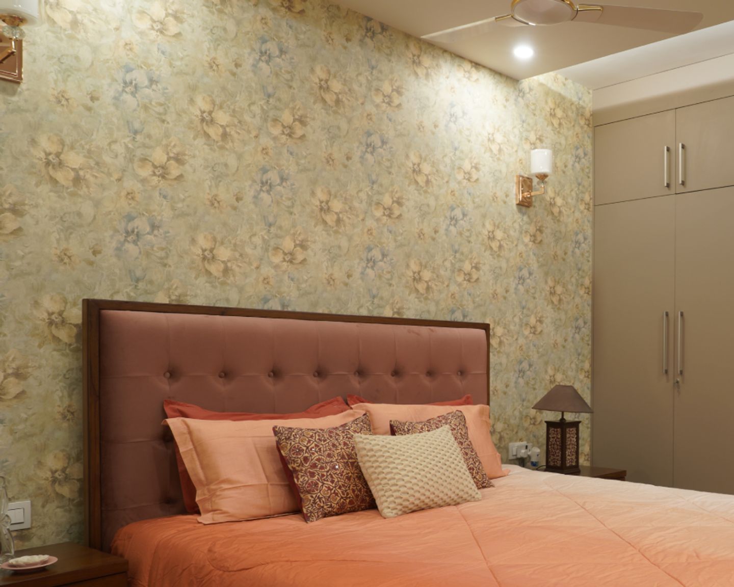 Beige Floral Wallpaper Design For Bedrooms | Livspace