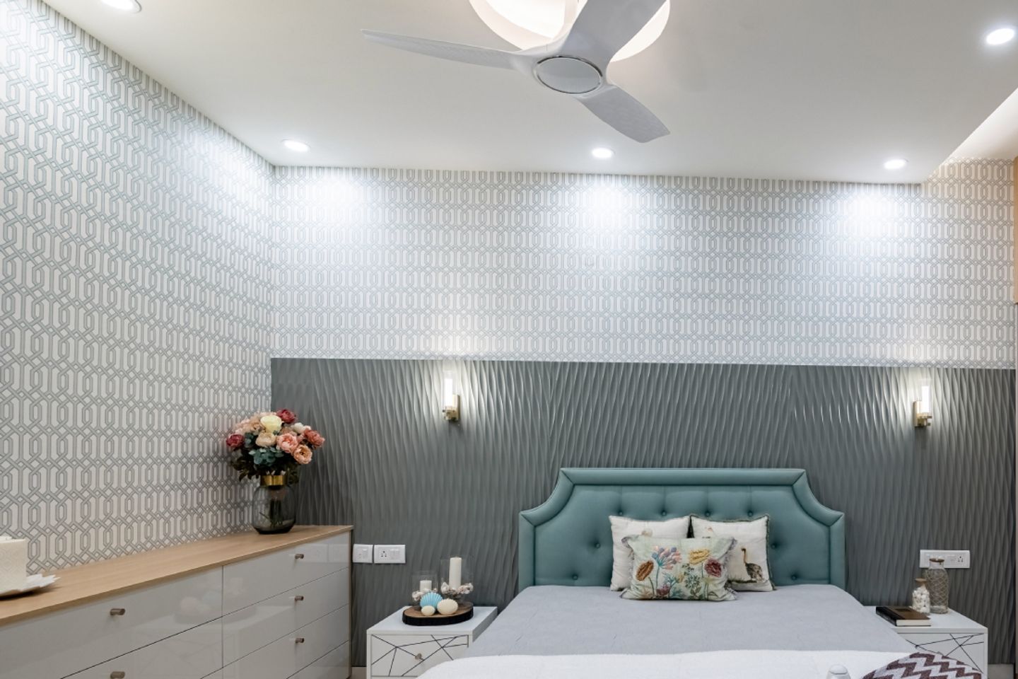 Monochromatic Bedroom Wallpaper With A 3D Wall Panel Livspace