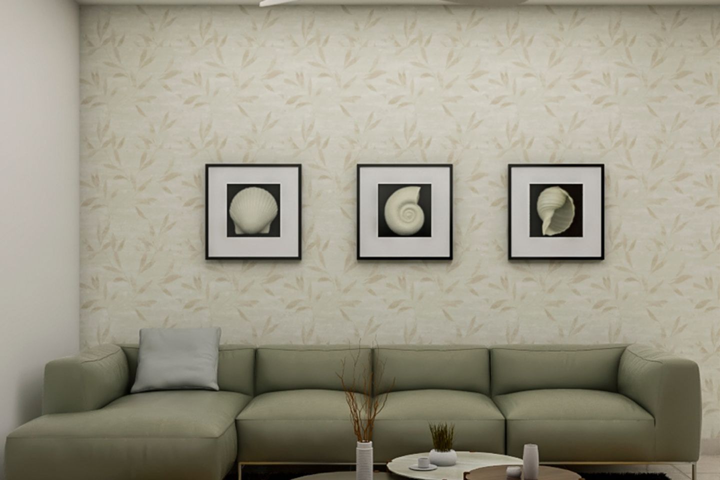 NeutralToned Living Room Wallpaper With Photo Frames Livspace