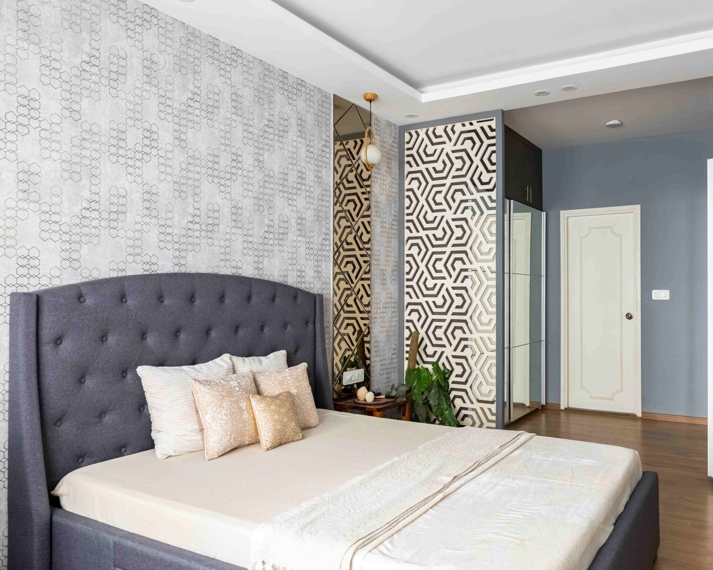 Neutral-Toned Abstract Bedroom Wallpaper | Livspace