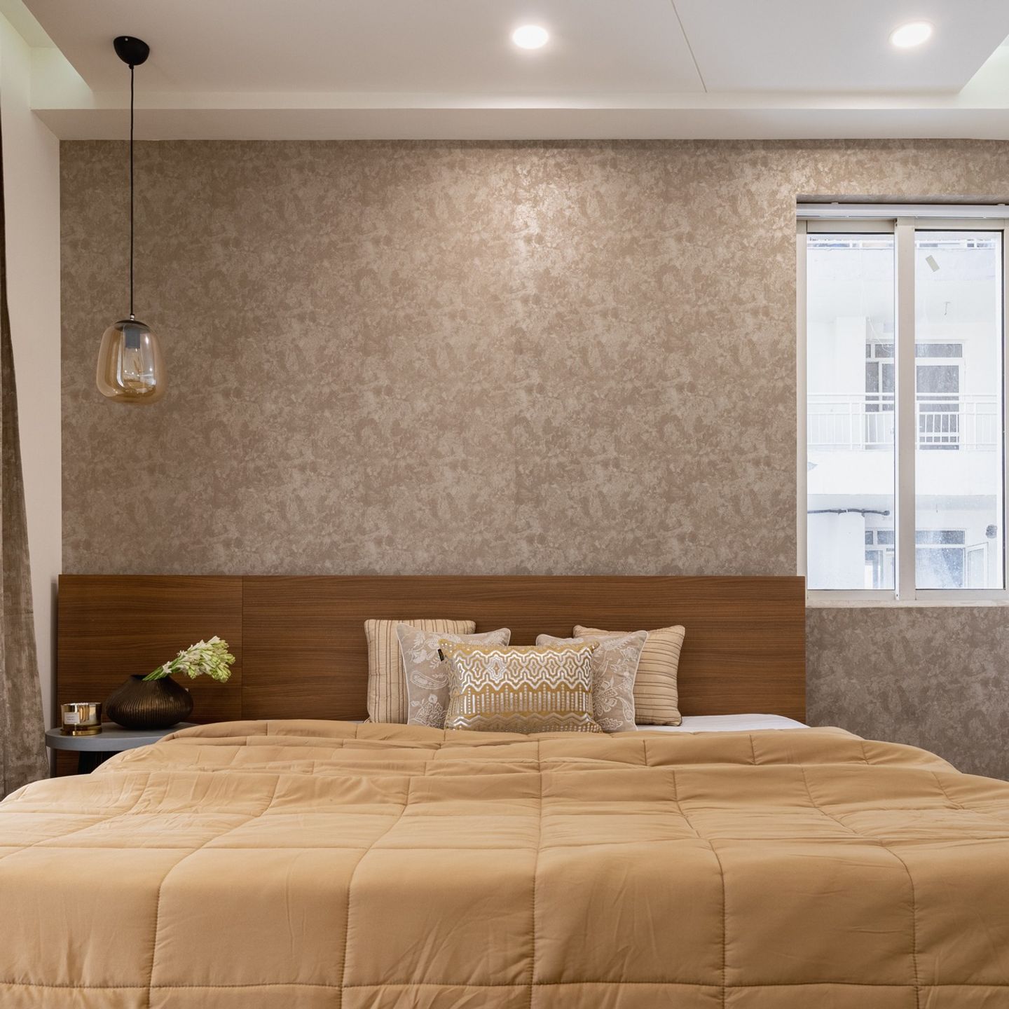 Brown Textured Bedroom Wallpaper - Livspace