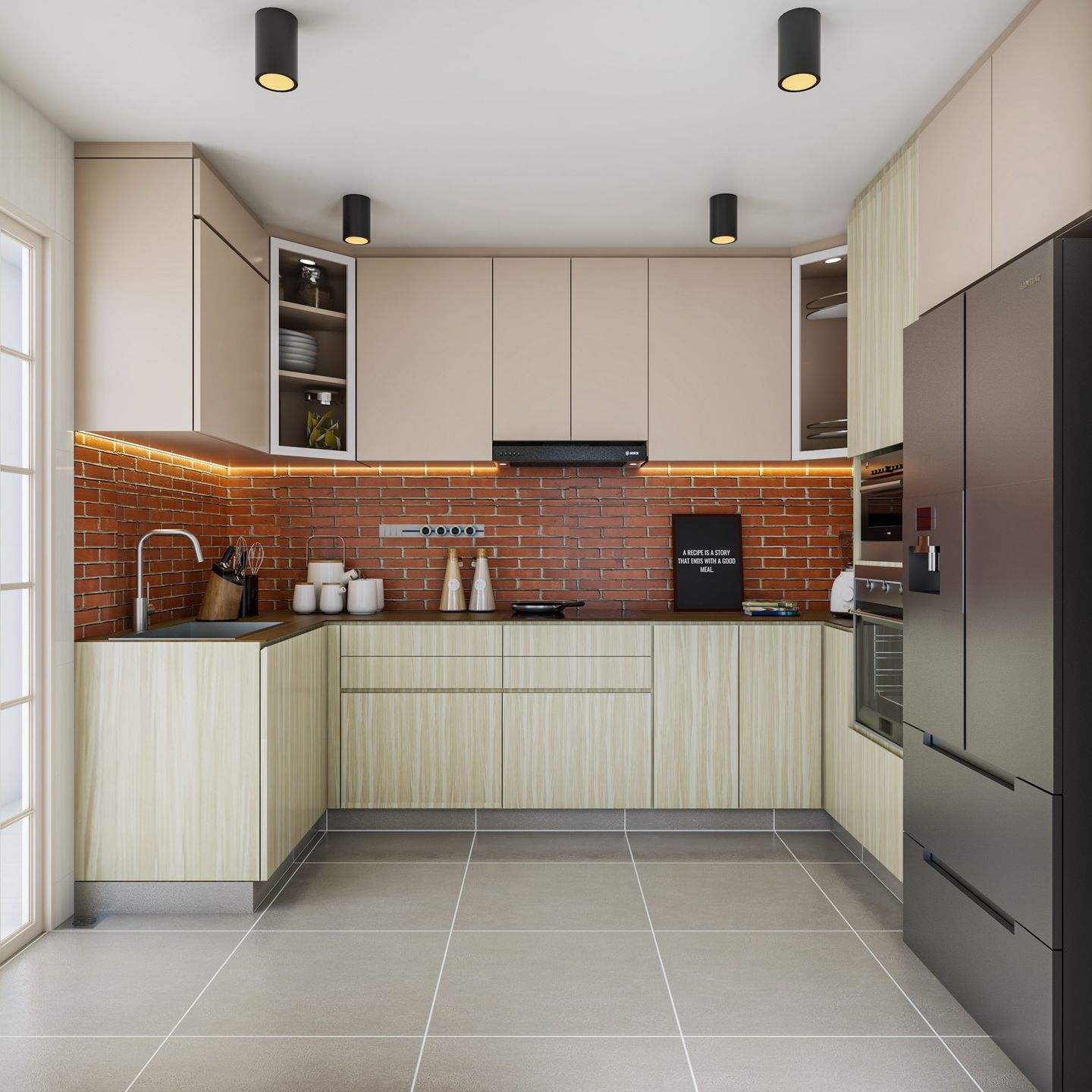 Beige And Brown Kitchen Design With Textured Dado Tiles - Livspace
