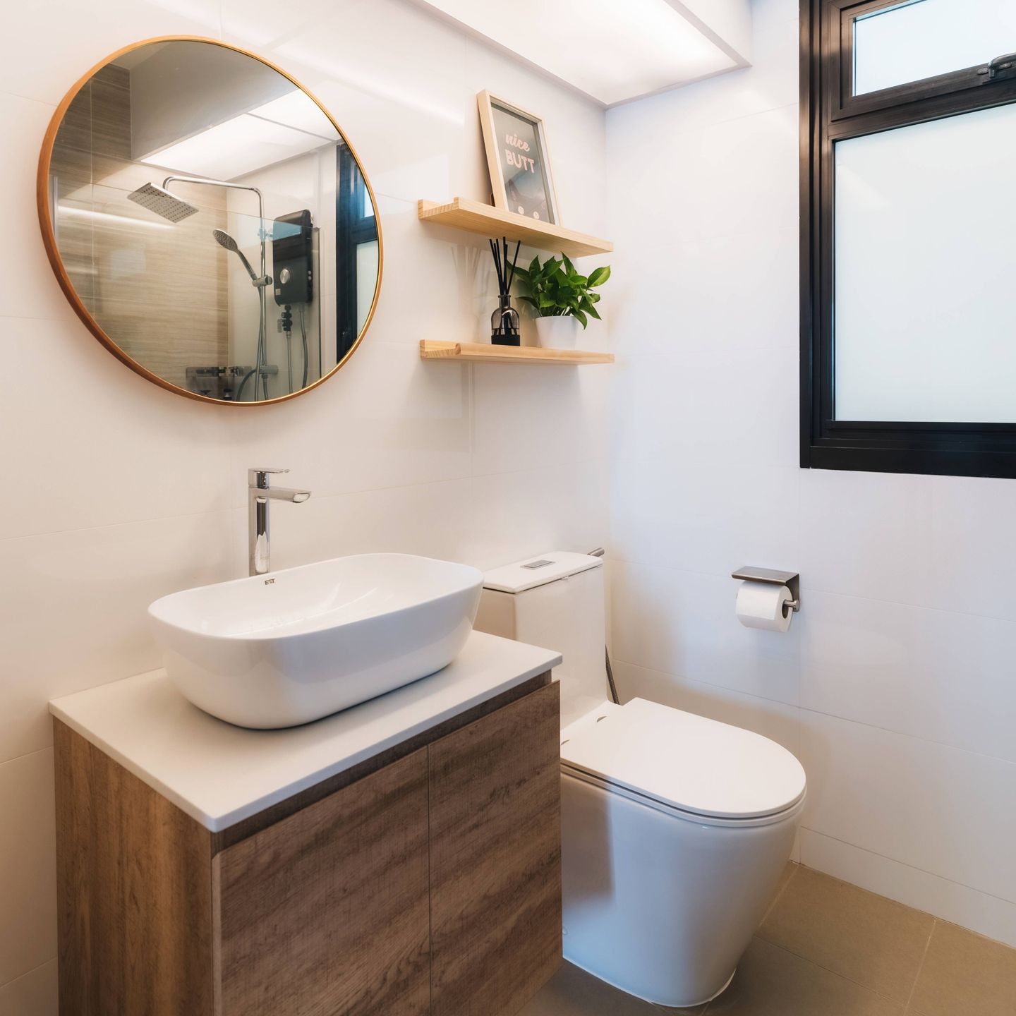 White And Brown Bathroom Design - Livspace
