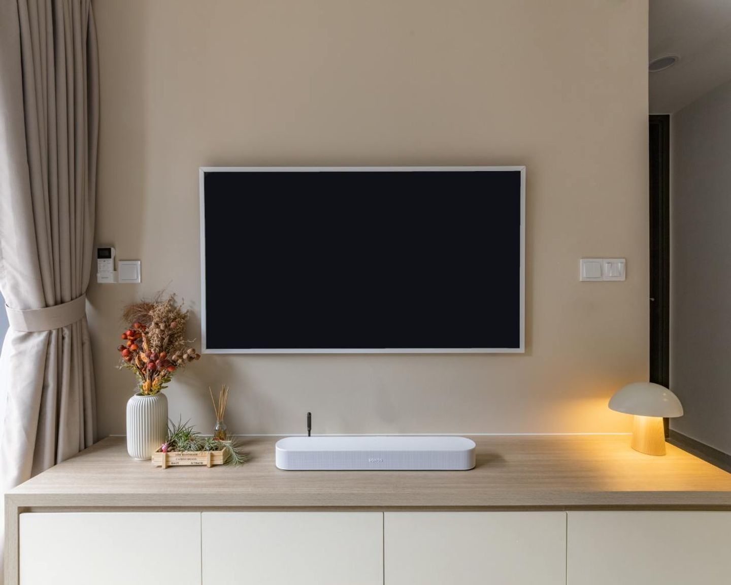 White And Beige Scandinavian Floor-Mounted TV Cabinet Design