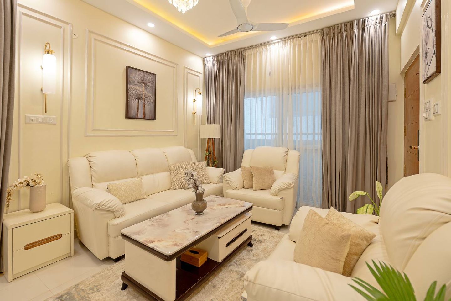 Modern Living Room Design with White Sofas in Bangalore 3BHK Apartment
