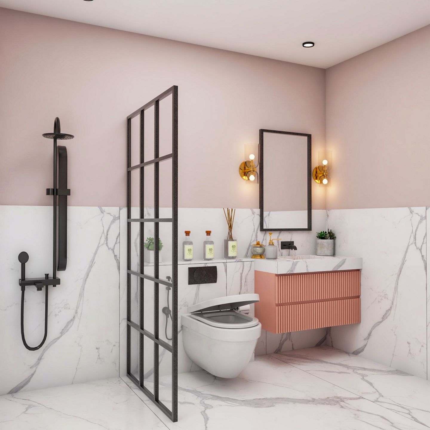Pink And White Bathroom Design With Pink Vanity Unit - Livspace