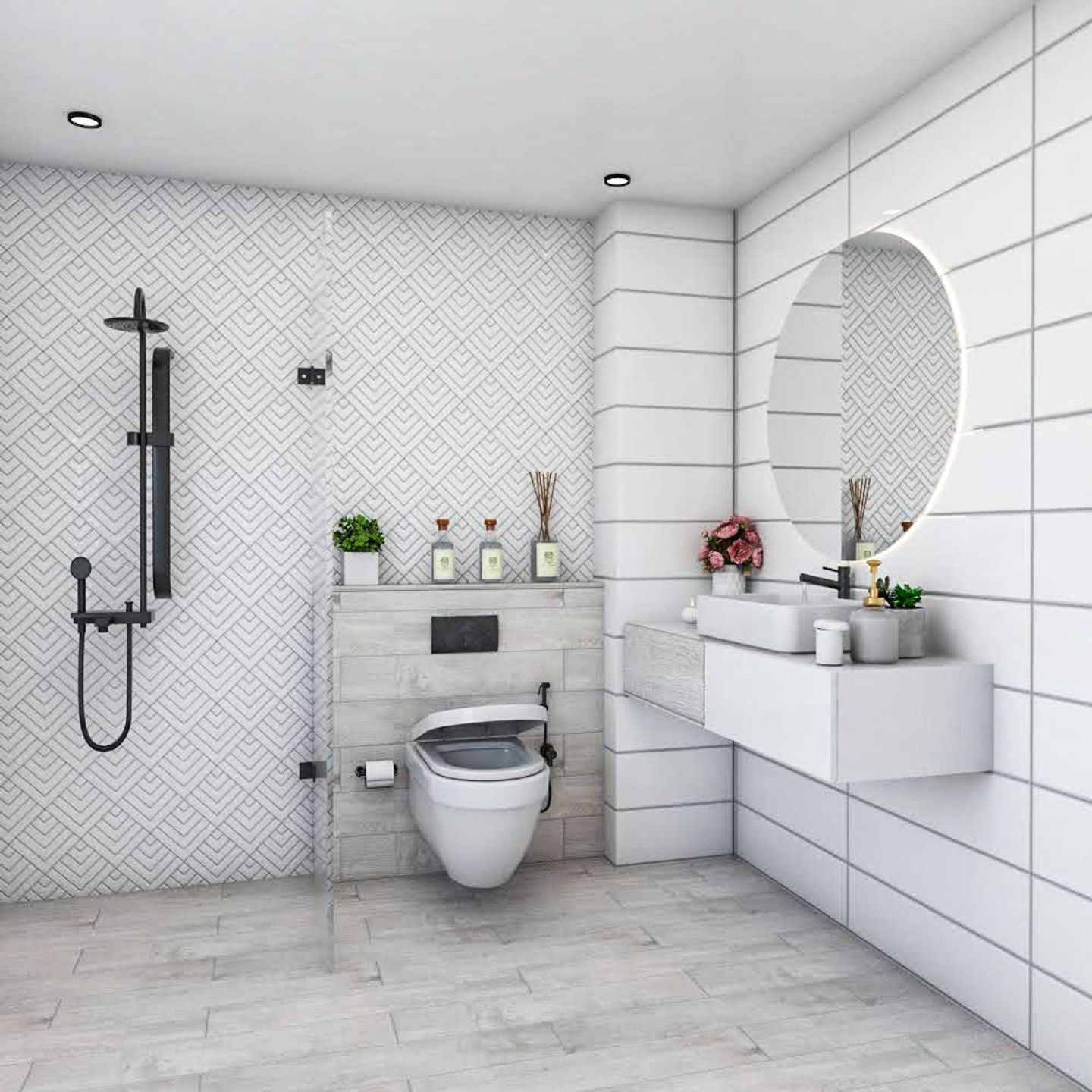 White And Grey Bathroom Design With Round Mirror - Livspace