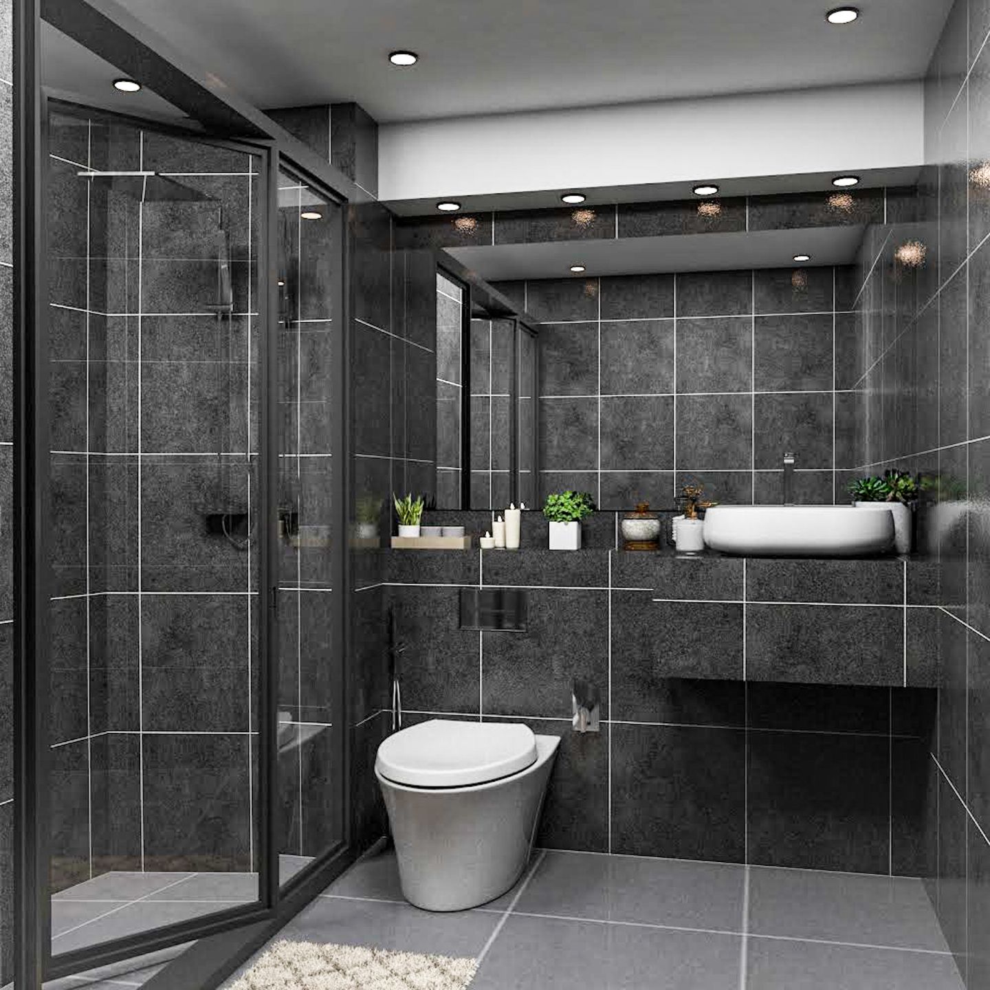 Ceramic Matte Finish Bathroom Tile Design In Black - Livspace
