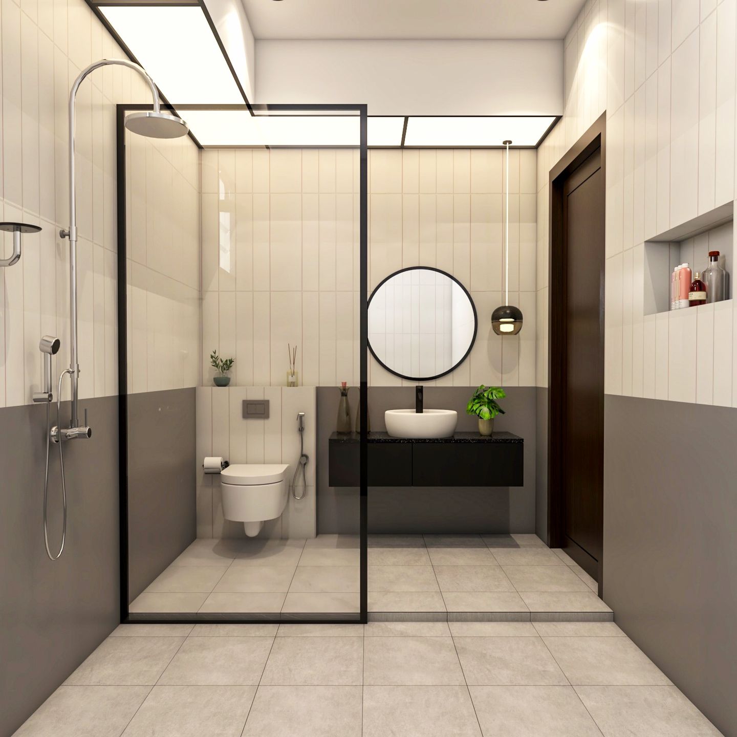 Compact Bathroom Design With A Round Mirror And Hanging Lights - Livspace
