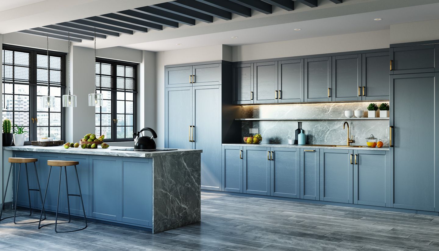 Modern Blue Open Kitchen Design with Quartz Countertop and Brass Accents - Livspace