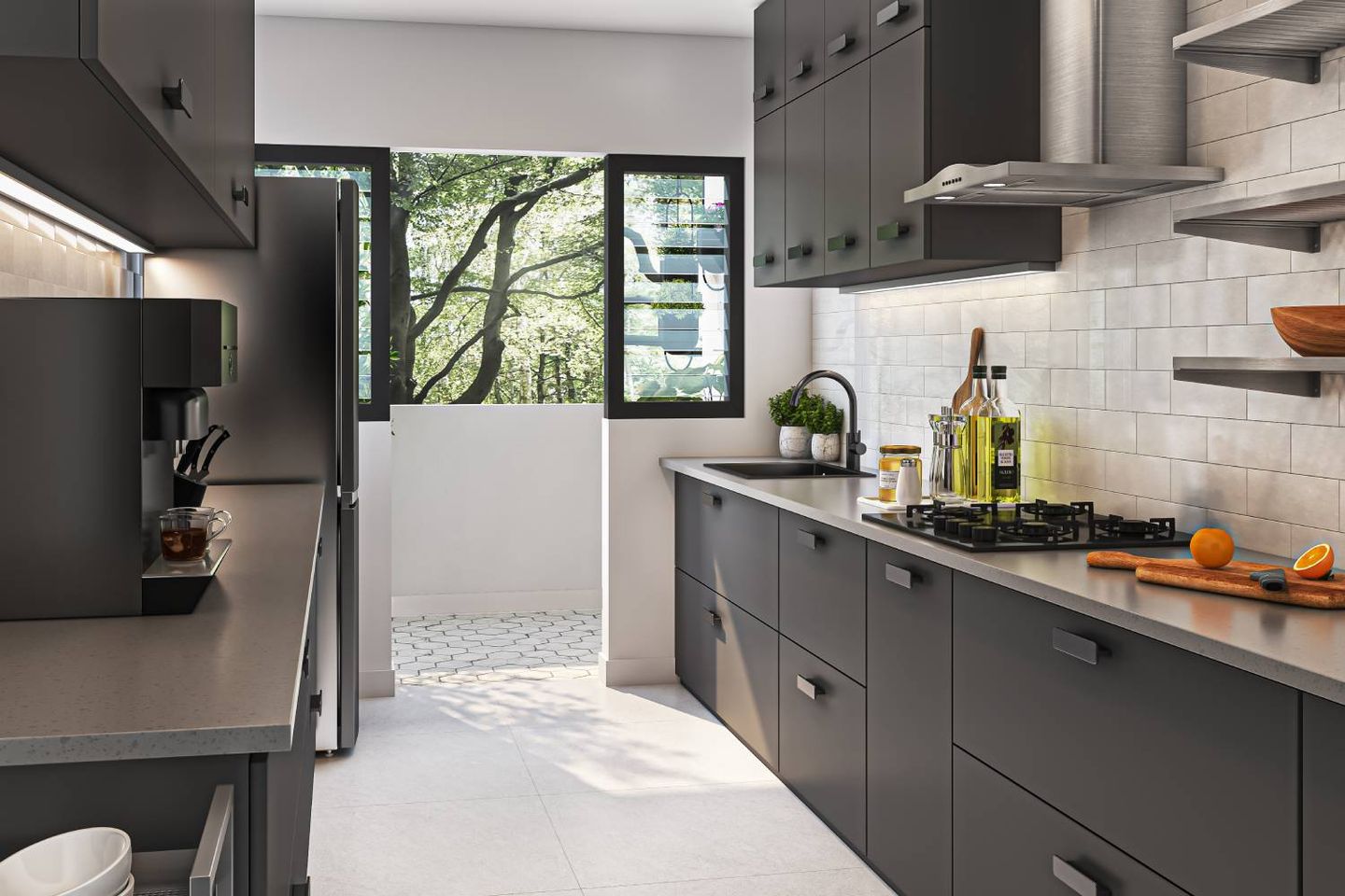 Parallel Kitchen Design With Black Storage Cabinets - Livspace