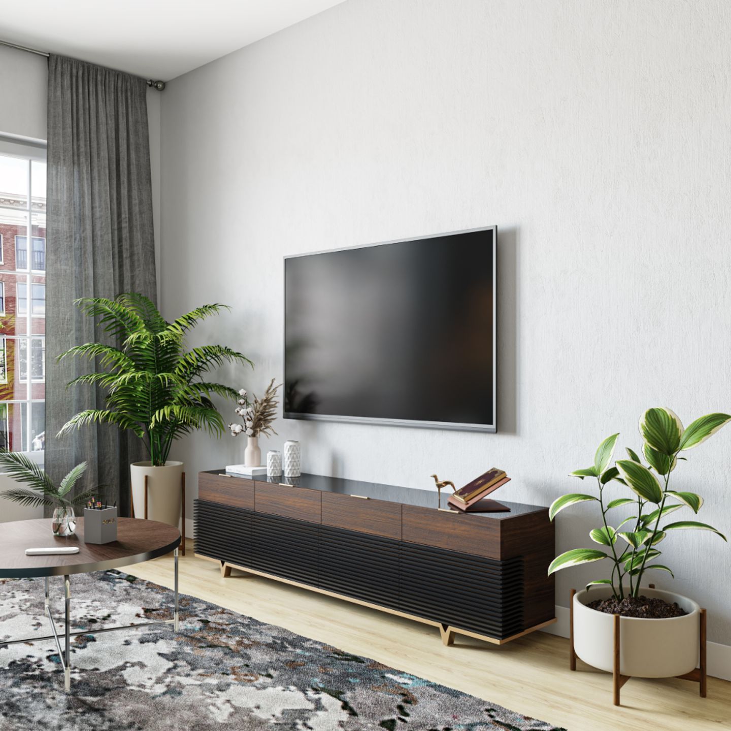 TV Unit Interior Design With Wooden Console - Livspace