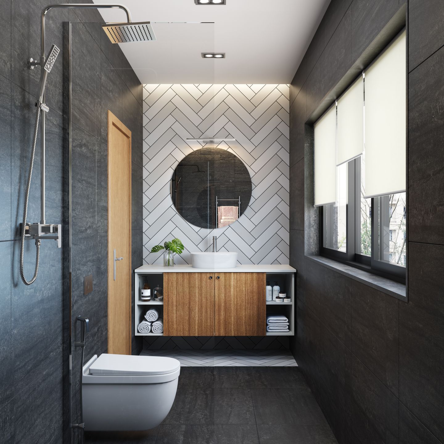 Grey Compact Bathroom Design With Open And Closed Storage Livspace 3882