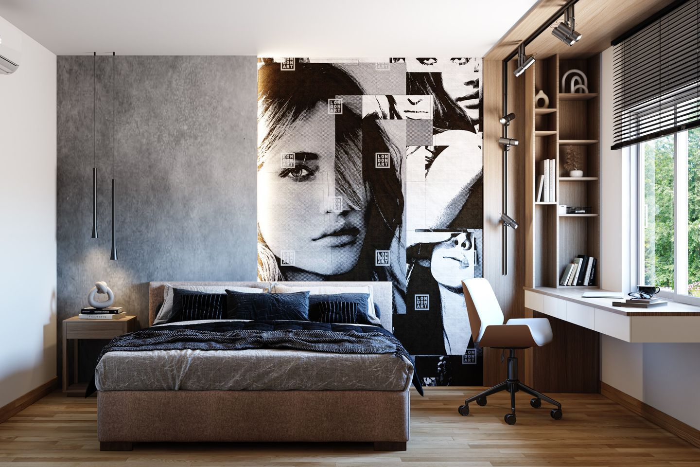Spacious Master Bedroom Design With Dark Grey Accent Wall | Livspace