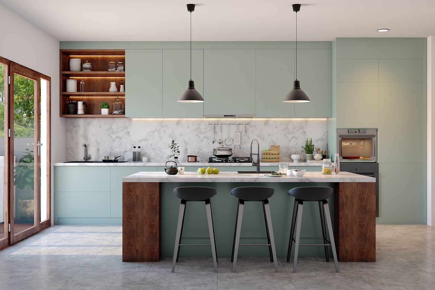 Pastel Spacious Kitchen Design With In-built Appliances | Livspace