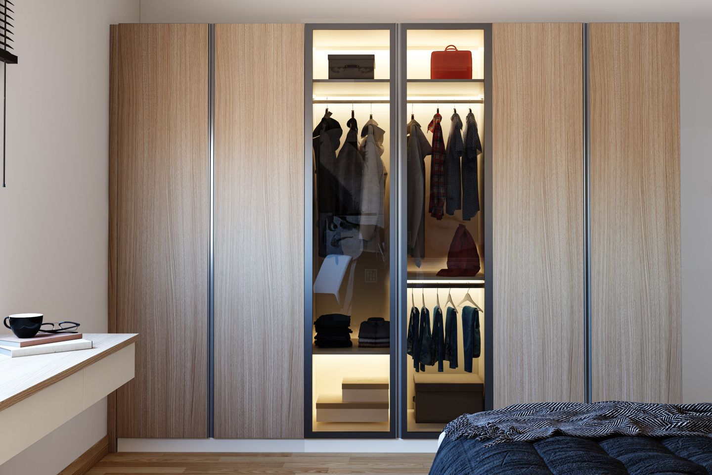 6-Door Wooden Swing Wardrobe Design With Transparent Shutters - Livspace