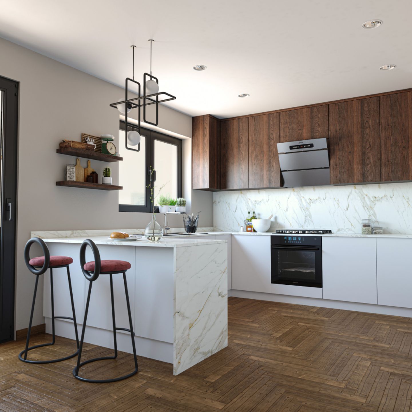 White And Brown Kitchen Design - Livspace